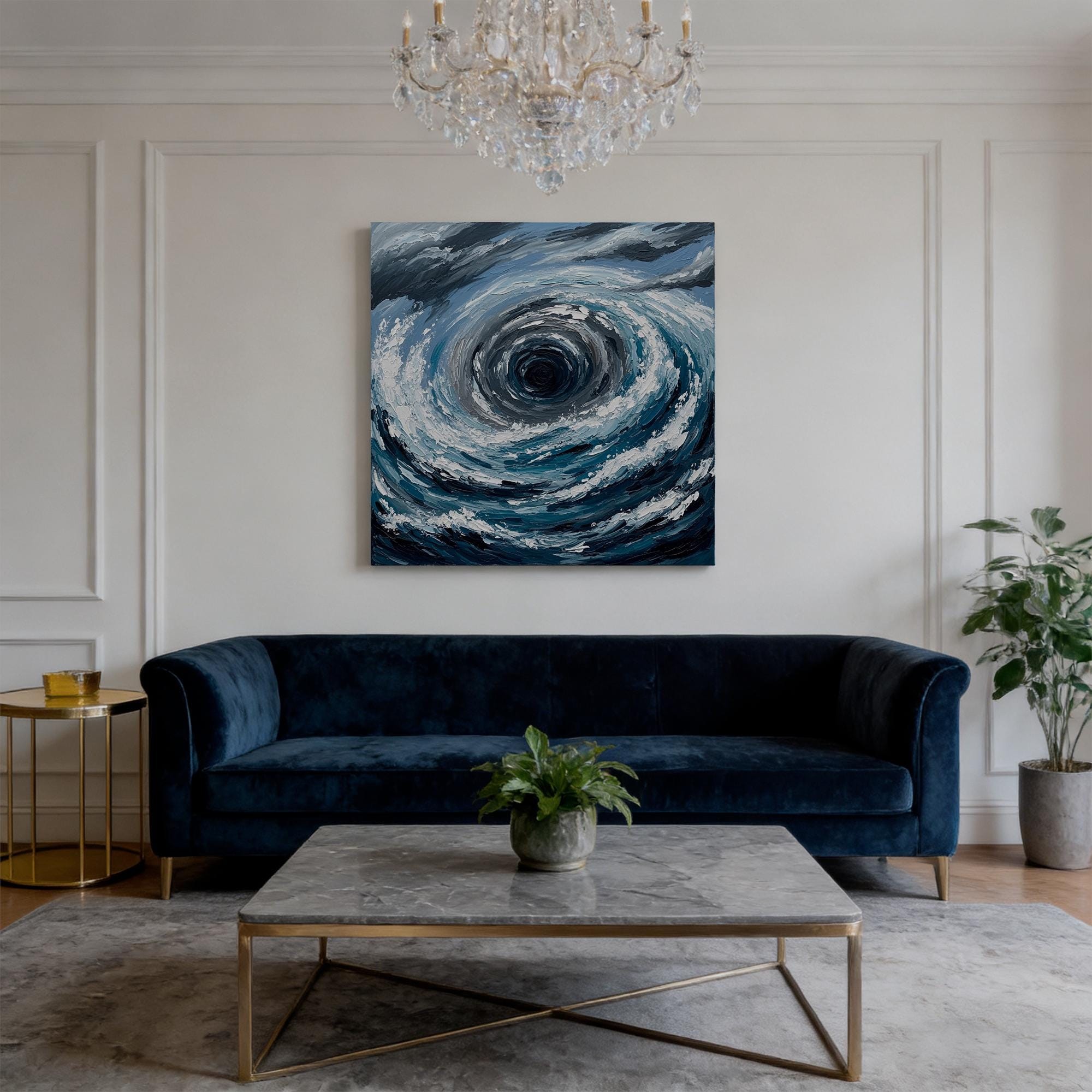 Blue abstract ocean vortex mural