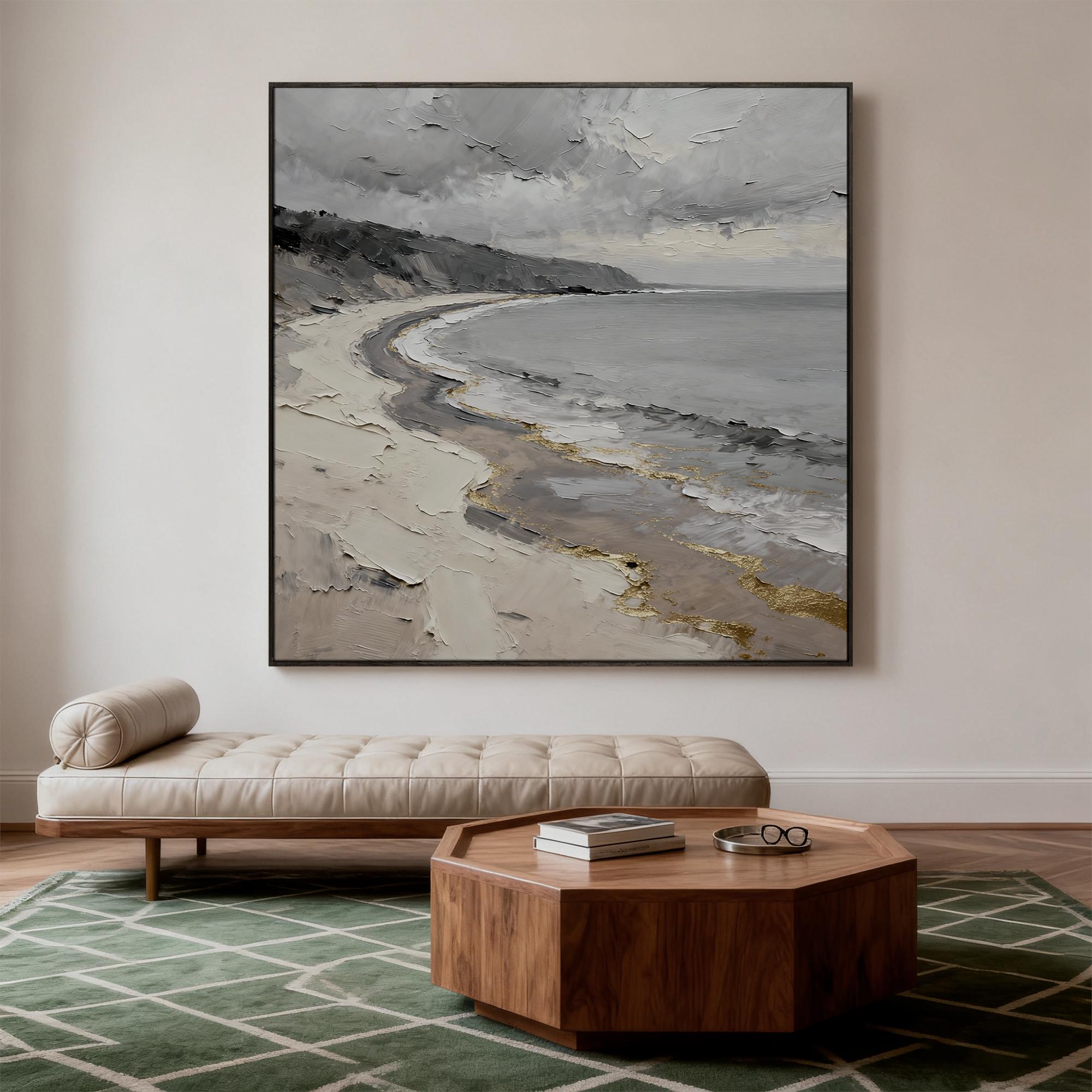 Richly textured grey coast oil painting - View 4
