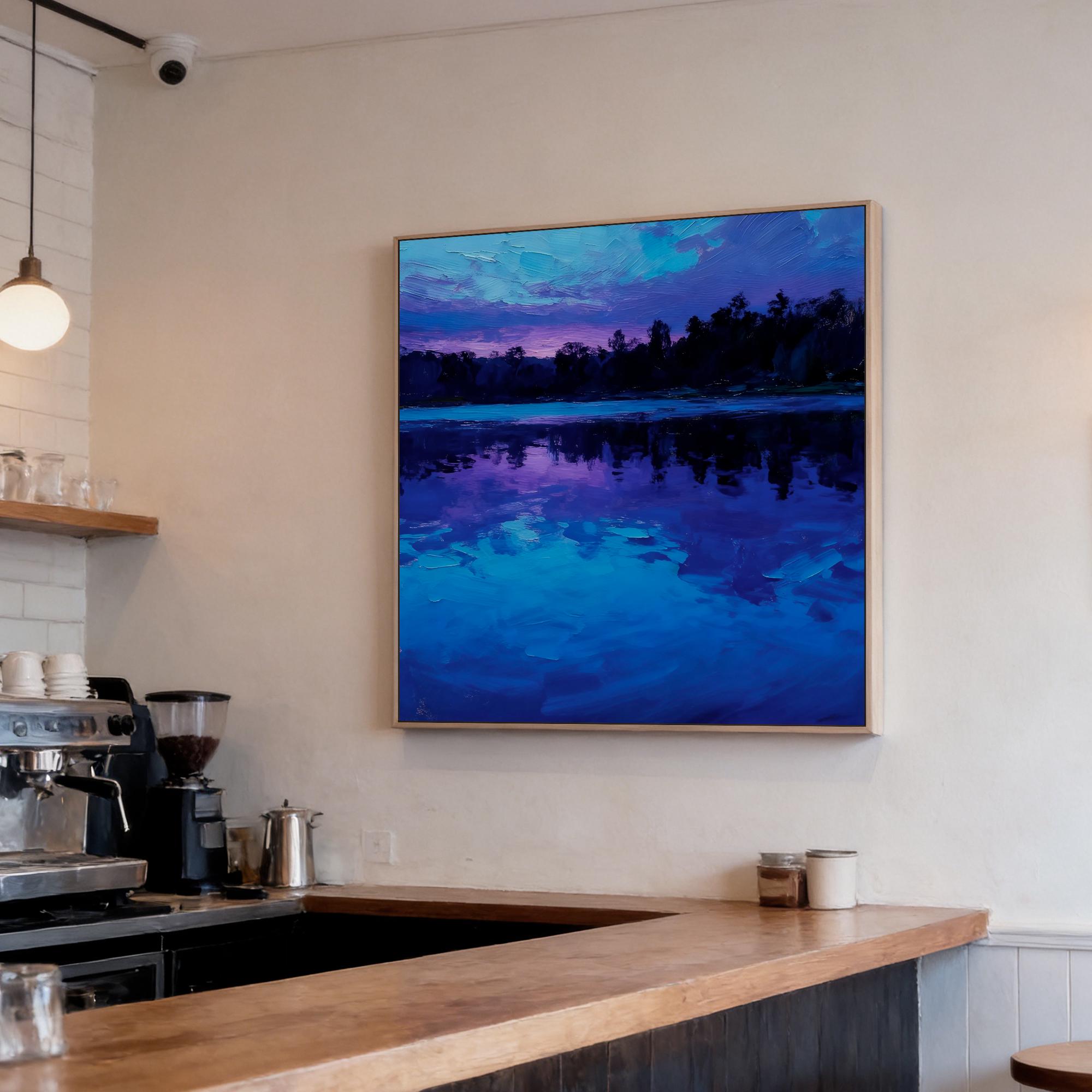 An elegant oil painting of a lake at dusk