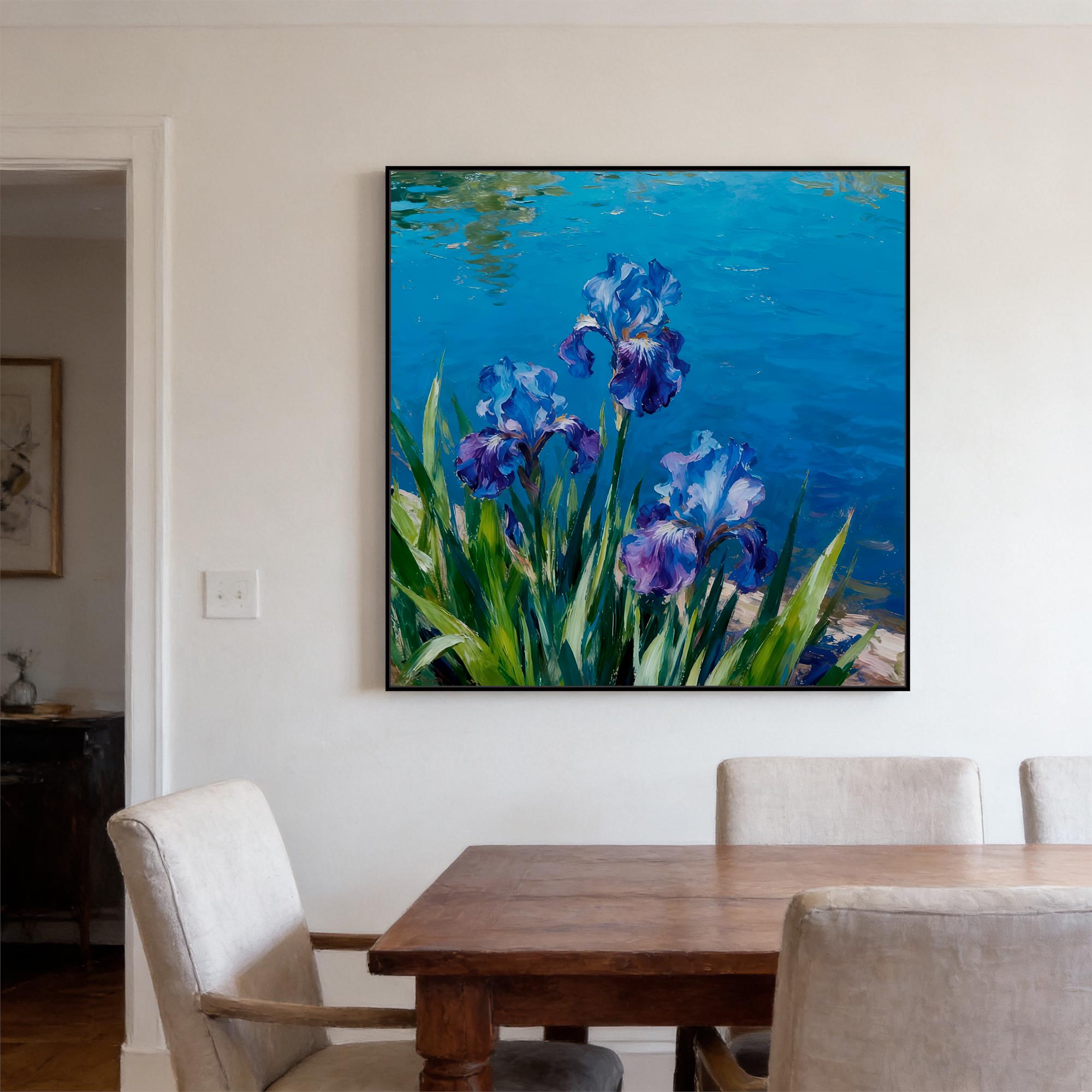 Oil painting of plants lakeand flowers