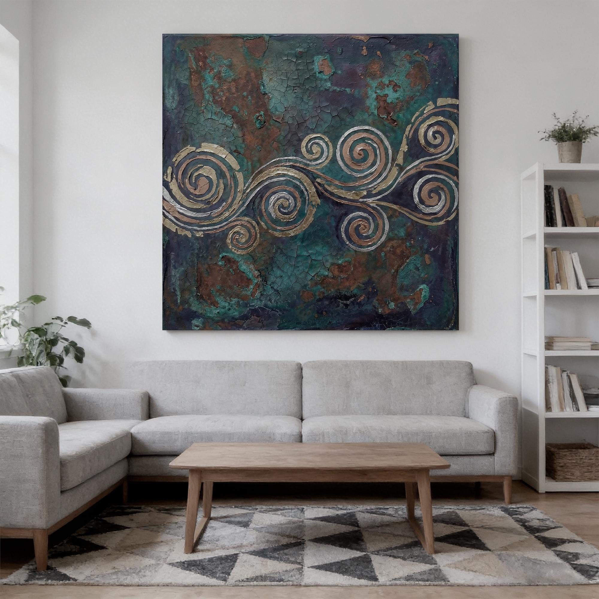 Bronze-colored textured spiral oil painting - View 4