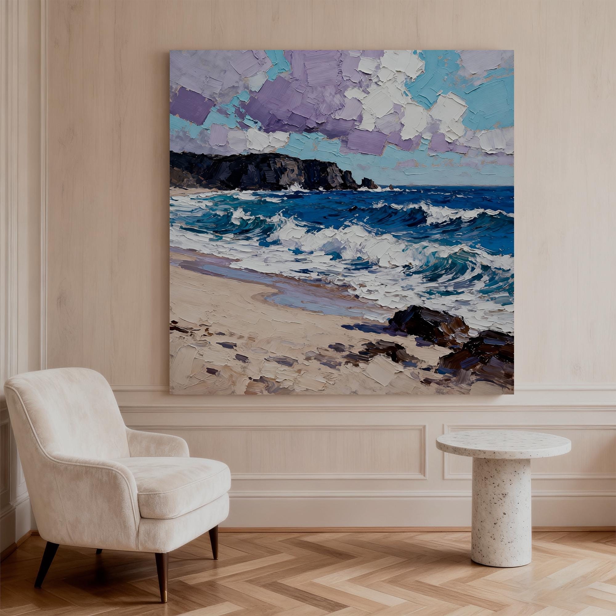 Textured blue beach seascape oil painting