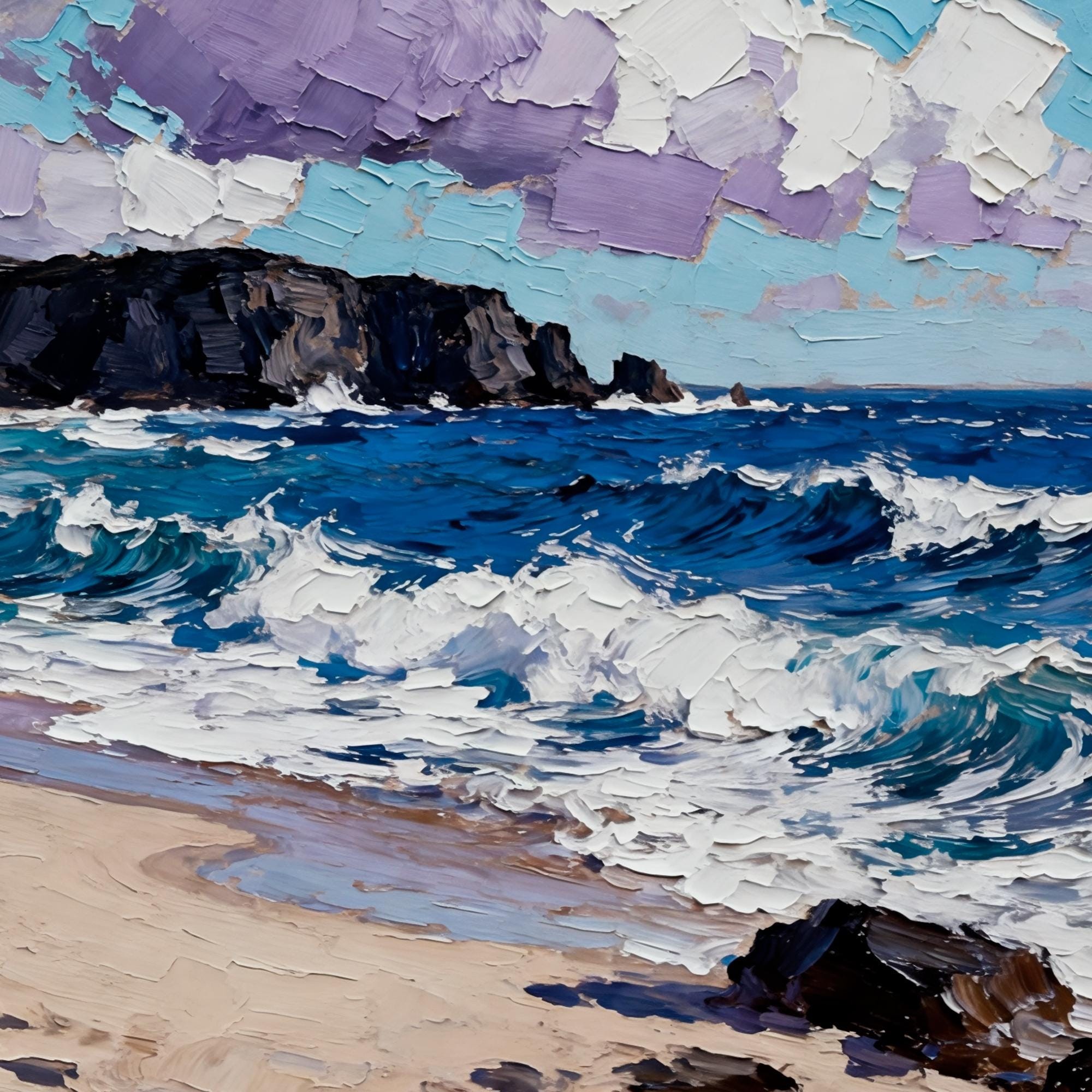 Textured blue beach seascape oil painting - View 2