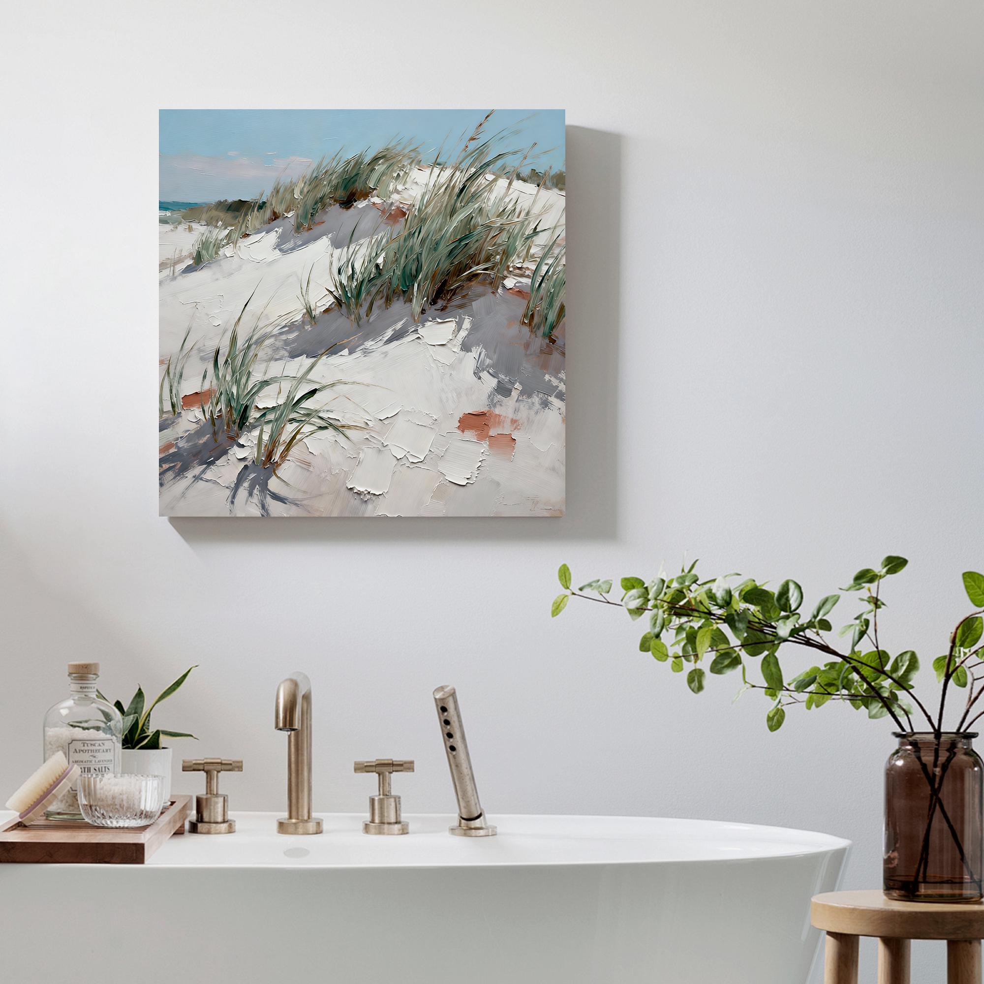 Soft sandy beach and grass seascape oil painting - View 3