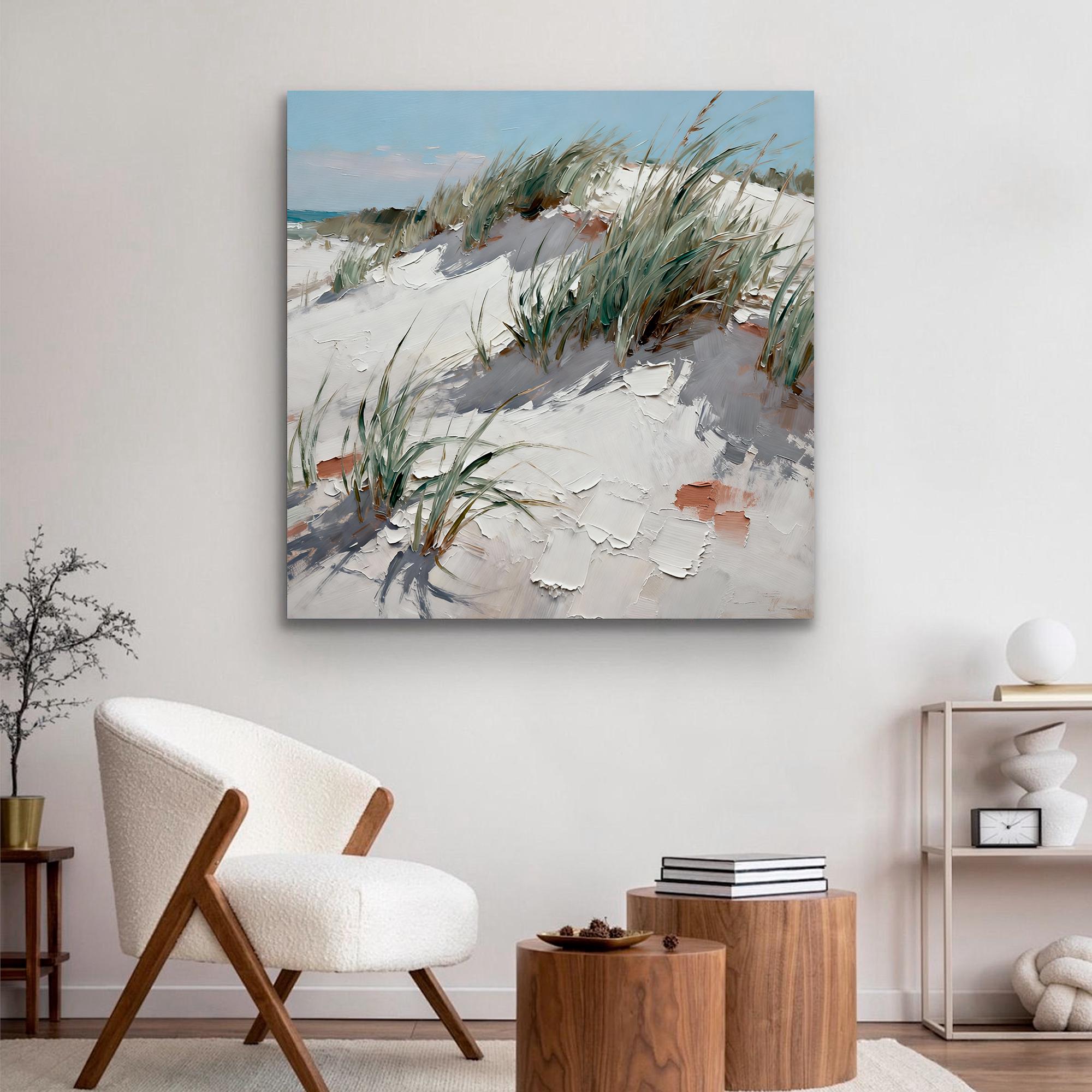 Soft sandy beach and grass seascape oil painting - View 4