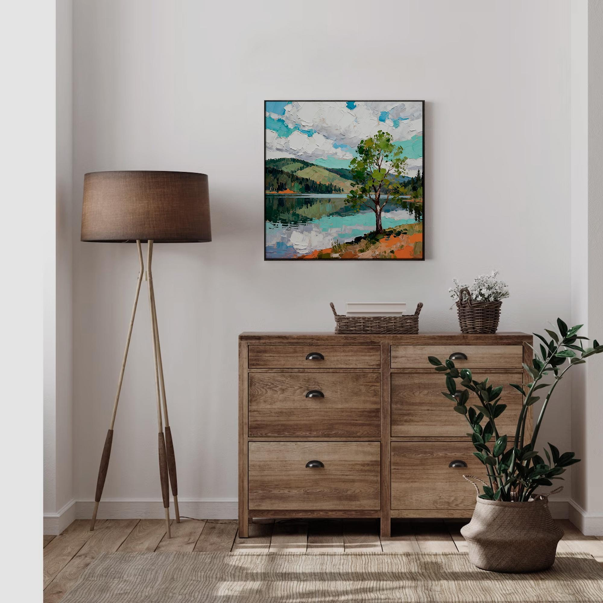 Tranquil natural reflection landscape painting