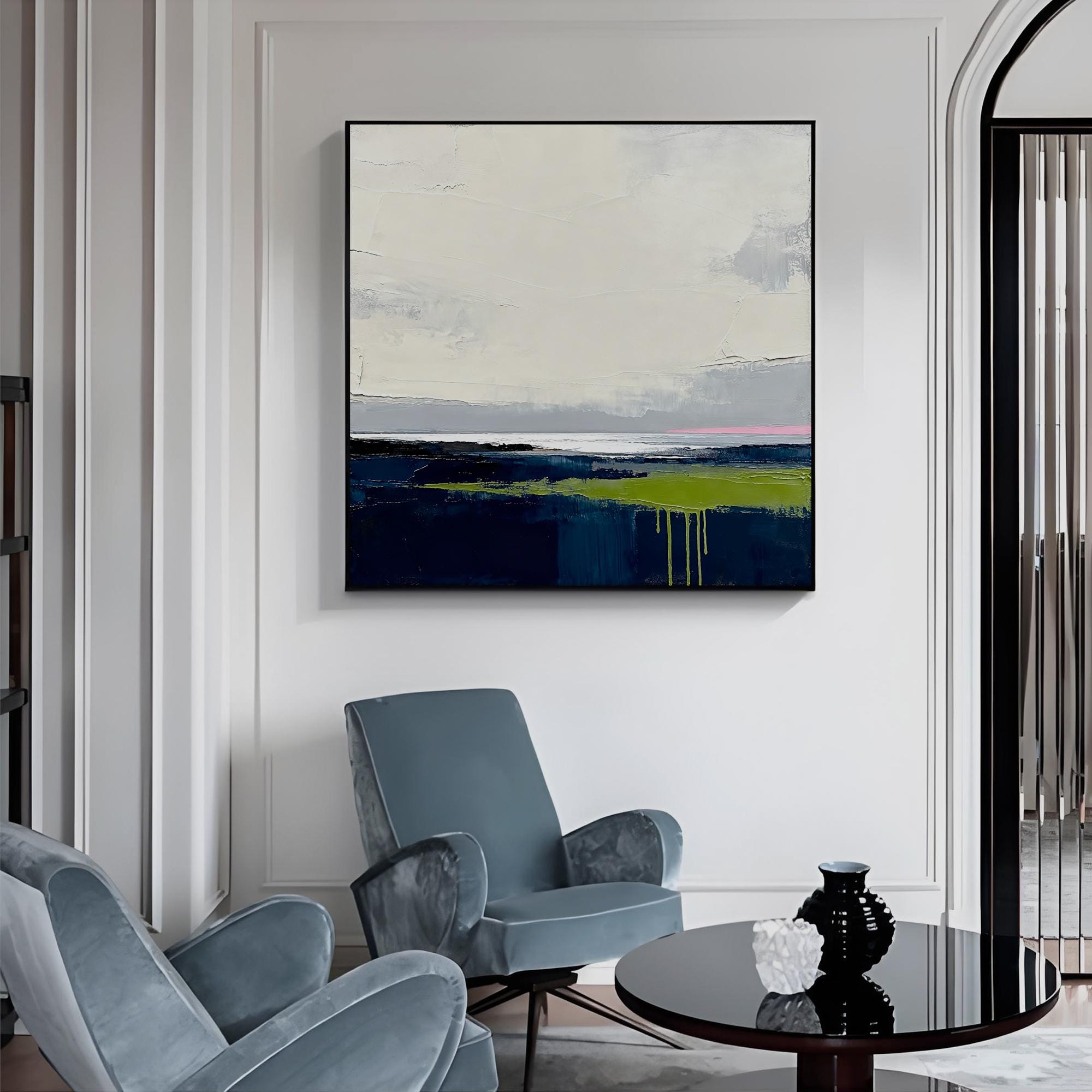 Blue-green landscape oil painting